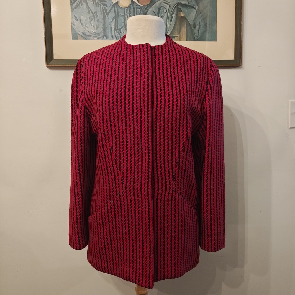 Vintage Alma Italian Wool Blazer Jacket Red Black Geometric Stripes Size 40 US L